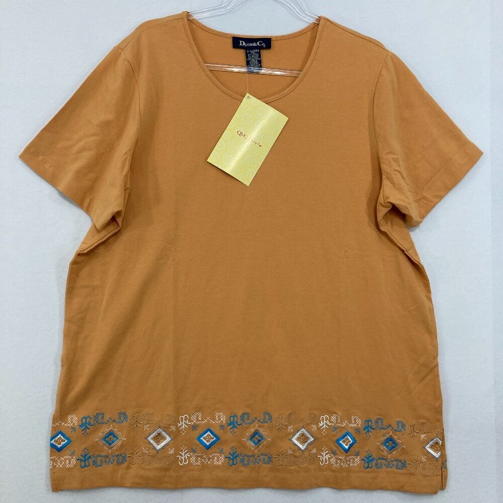 New Denim & Co. size XL Yellow Mustard Crew Neck‎ Embroidered Cotton Stretch Top